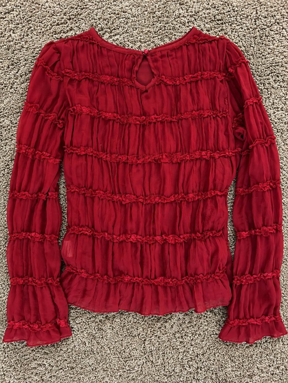 SHEIN Burgundy Sheer Ruffle Blouse Size Large Long Sleeve Romantic Boho Top